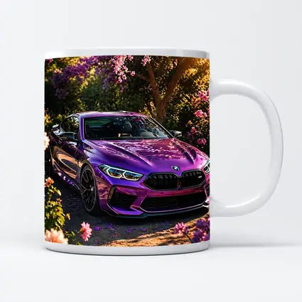 Purple BMW M8 Parked Among Pink Blossoms