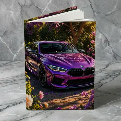Purple BMW M8 Parked Among Pink Blossoms