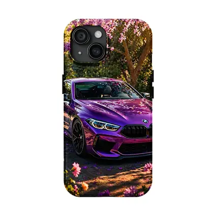 Purple BMW M8 Parked Among Pink Blossoms