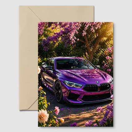 Purple BMW M8 Parked Among Pink Blossoms