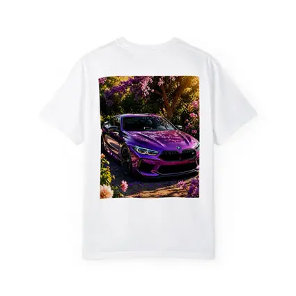 Purple BMW M8 Parked Among Pink Blossoms