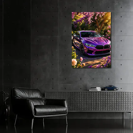 Purple BMW M8 Parked Among Pink Blossoms