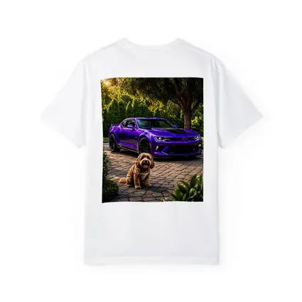 Purple Chevrolet Camaro With Fluffy Dog