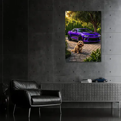 Purple Chevrolet Camaro With Fluffy Dog