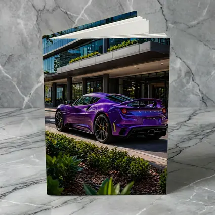 Purple Lotus Emira Parked Outside Glass Building