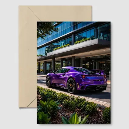 Purple Lotus Emira Parked Outside Glass Building