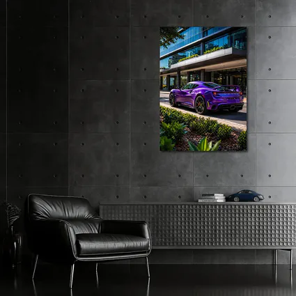 Purple Lotus Emira Parked Outside Glass Building