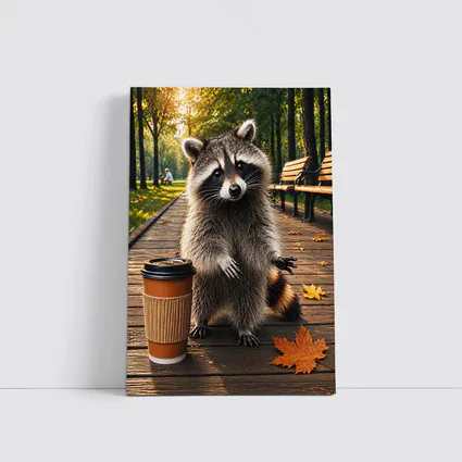 Raccoon With Coffee Cup Autumn Park