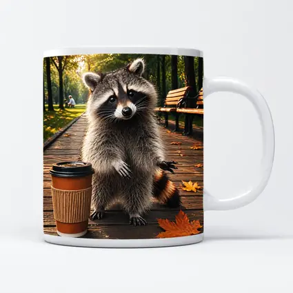 Raccoon With Coffee Cup Autumn Park