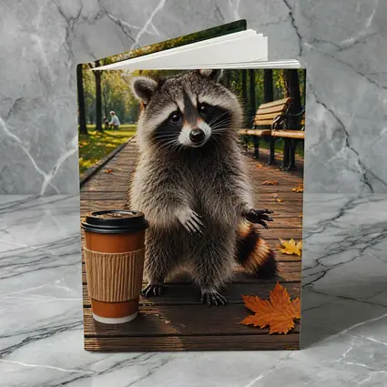 Raccoon With Coffee Cup Autumn Park