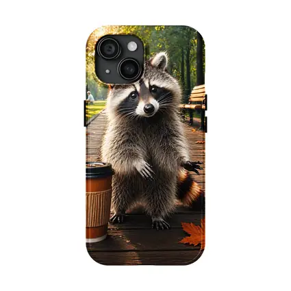 Raccoon With Coffee Cup Autumn Park