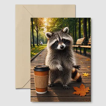 Raccoon With Coffee Cup Autumn Park