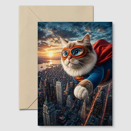 Ragdoll Superhero Cat Flying Over City