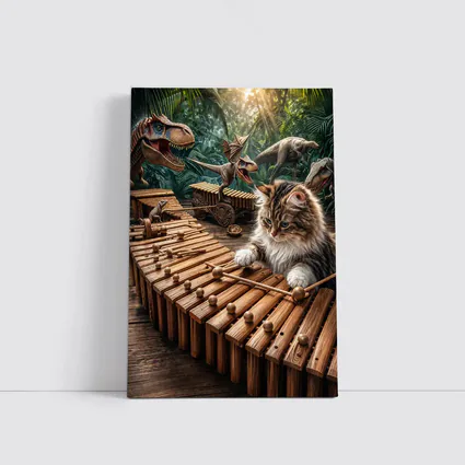 Fluffy Cat Playing Xylophone With Dinosaurs