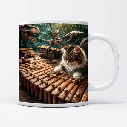 Fluffy Cat Playing Xylophone With Dinosaurs