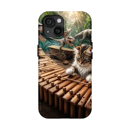 Fluffy Cat Playing Xylophone With Dinosaurs