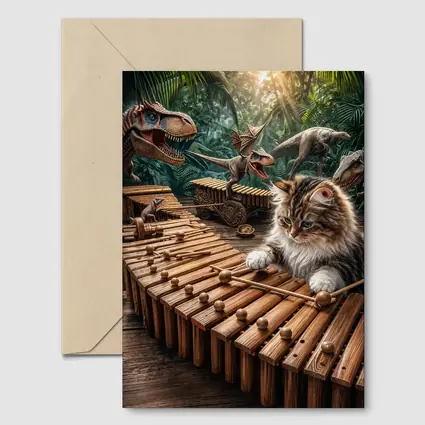 Fluffy Cat Playing Xylophone With Dinosaurs