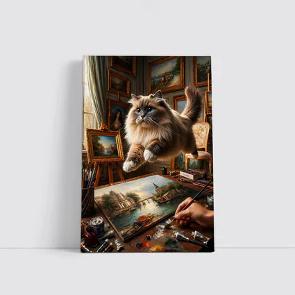 Ragdoll Cat Leaping Over Artist Studio Painting