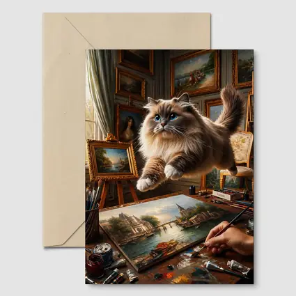 Ragdoll Cat Leaping Over Artist Studio Painting