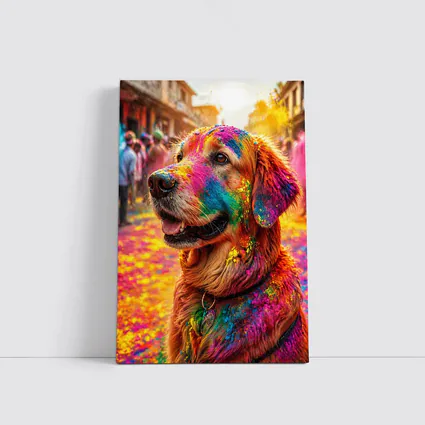 Golden Retriever Covered in Holi Festival Colors
