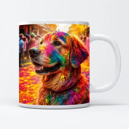 Golden Retriever Covered in Holi Festival Colors