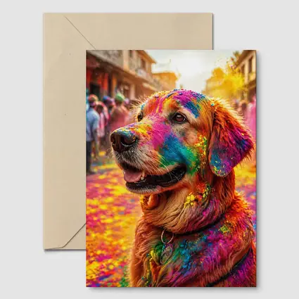 Golden Retriever Covered in Holi Festival Colors