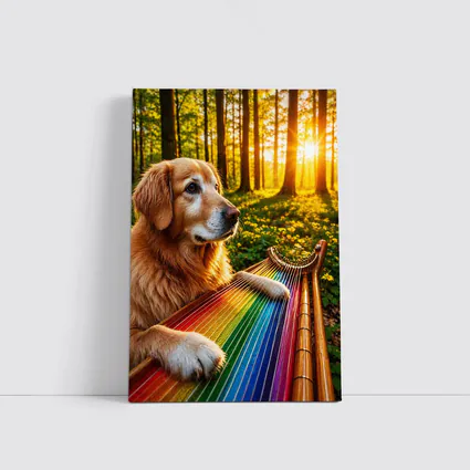 Golden Retriever Playing Rainbow Harp Forest