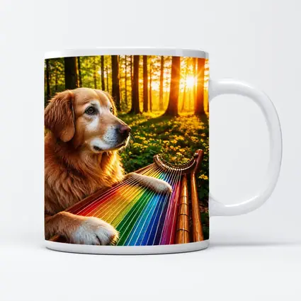 Golden Retriever Playing Rainbow Harp Forest