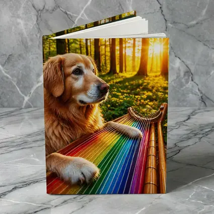 Golden Retriever Playing Rainbow Harp Forest