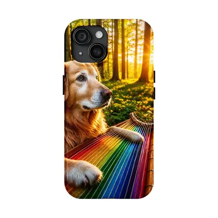 Golden Retriever Playing Rainbow Harp Forest