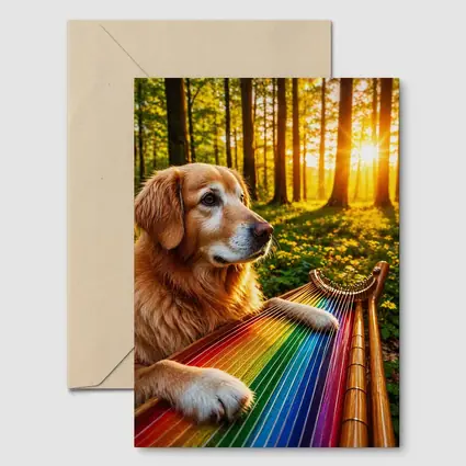 Golden Retriever Playing Rainbow Harp Forest