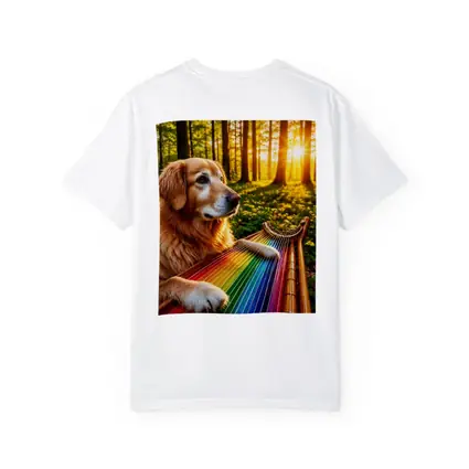 Golden Retriever Playing Rainbow Harp Forest