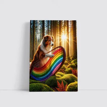 Australian Shepherd Playing Harp Sunlit Forest