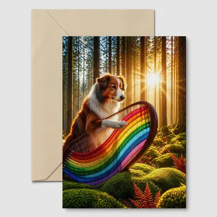 Australian Shepherd Playing Harp Sunlit Forest