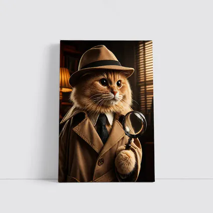 Detective Cat With Magnifying Glass Dark Office