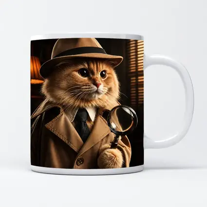 Detective Cat With Magnifying Glass Dark Office