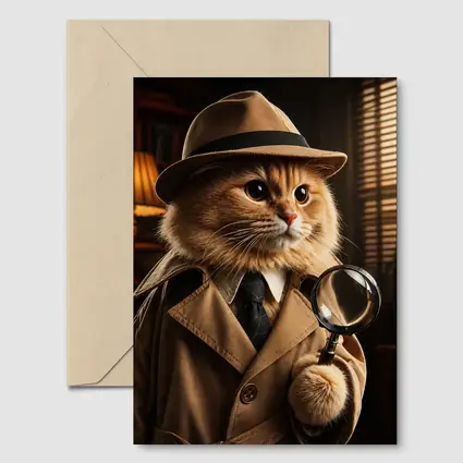 Detective Cat With Magnifying Glass Dark Office