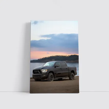 Ram Truck Black Parked By Lake Sunset