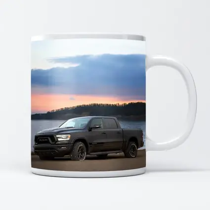 Ram Truck Black Parked By Lake Sunset