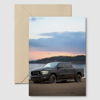 Ram Truck Black Parked By Lake Sunset