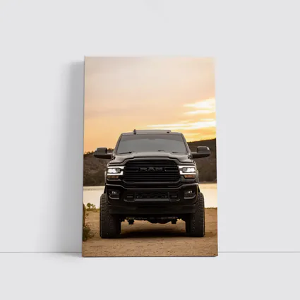 Ram Truck Black Front Sunset Lake