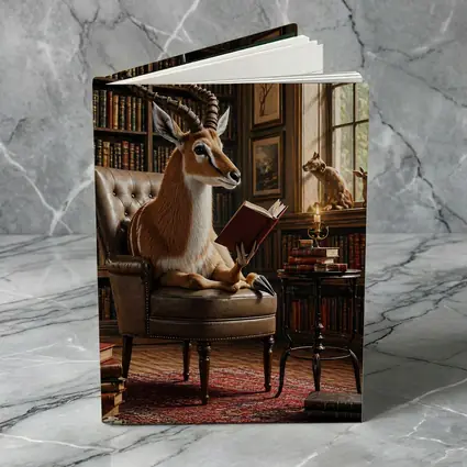Antelope Reading Book in Cozy Library