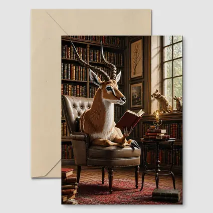 Antelope Reading Book in Cozy Library