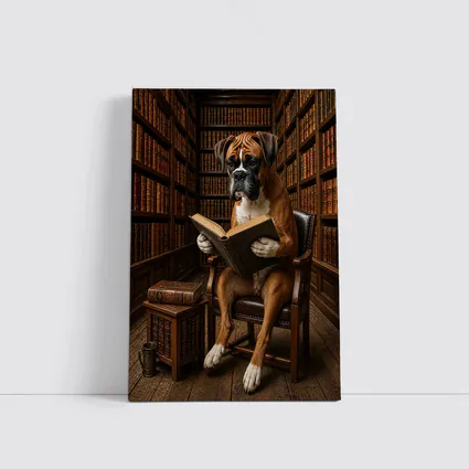 Boxer Dog Reading Book In Library