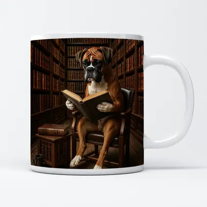 Boxer Dog Reading Book In Library