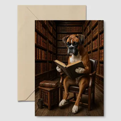 Boxer Dog Reading Book In Library