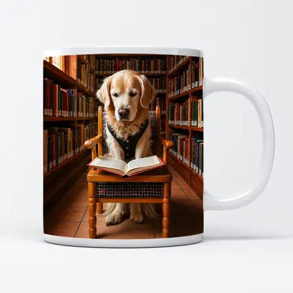 Golden Retriever Reading Book In Library