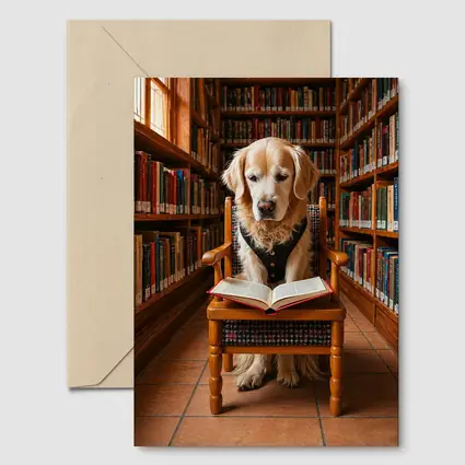 Golden Retriever Reading Book In Library