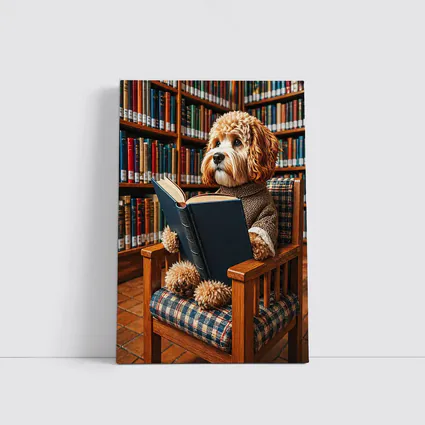 Cockapoo Dog Reading Book in Library