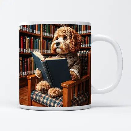 Cockapoo Dog Reading Book in Library